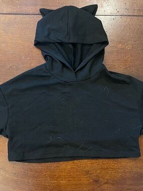 Girls Black Cropped Hoodie with Cat Ear Hood